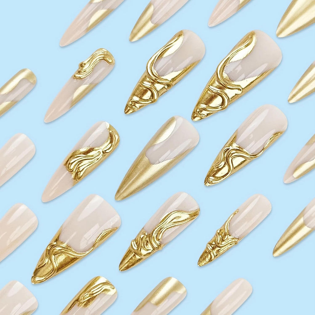 “Long Stiletto 3D Gold Chrome Press-On Nails – 24 Pieces”