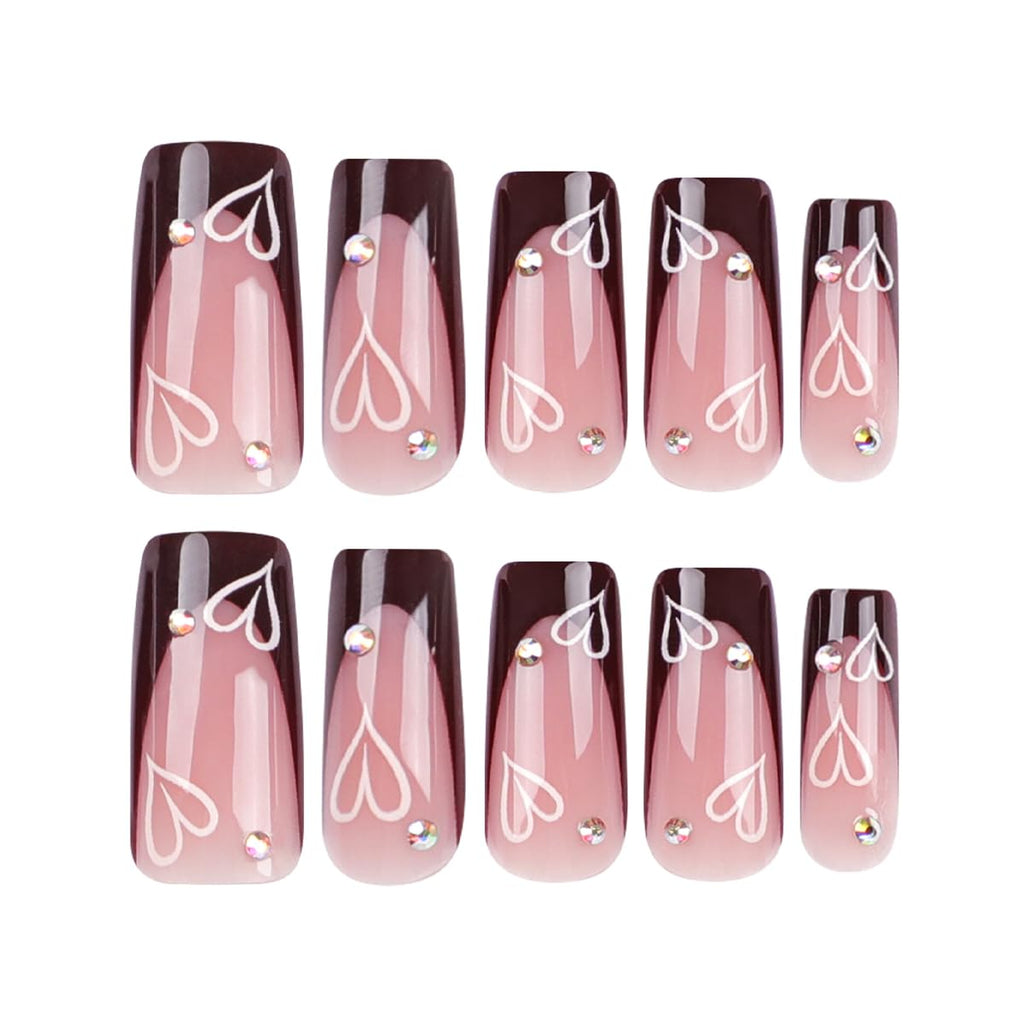 French Tip Press on Nails - Square Medium Long Brown Pink Heart Rhinestone False Nails - Women'S Glue on Acrylic Gel Stick on Glitter Fantasy Wedding Birthday