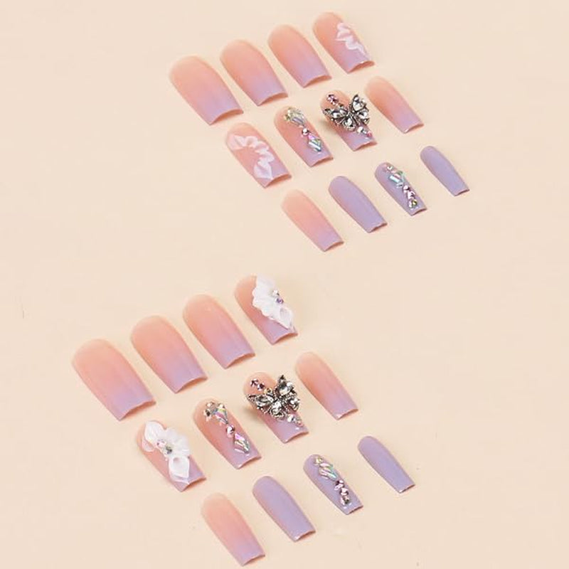 Press on Nails Long Square Fake Nails Purple Gradient Glossy False Nails Full Cover Glue on Nails with Butterfly Rhinestone Designs Artificial Summer Acrylic Squoval Nail Kit