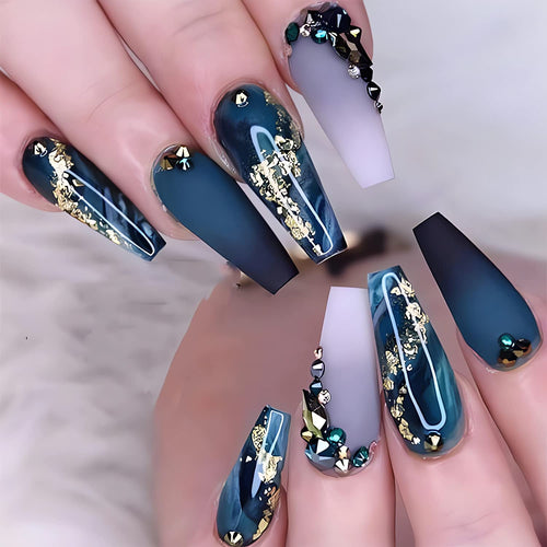 Long Stiletto Navy Blue Marble Press-On Nails – 24 Pieces
