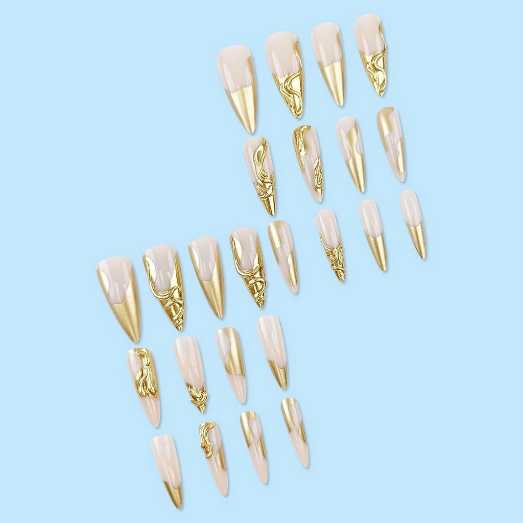 “Long Stiletto 3D Gold Chrome Press-On Nails – 24 Pieces”