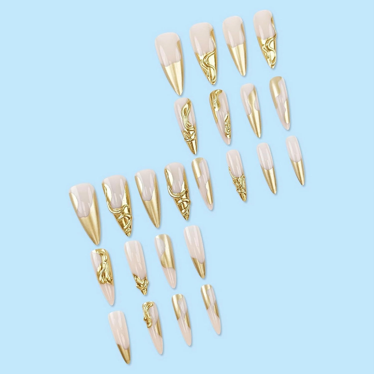 “Long Stiletto 3D Gold Chrome Press-On Nails – 24 Pieces”