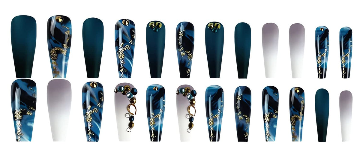 Long Stiletto Navy Blue Marble Press-On Nails – 24 Pieces