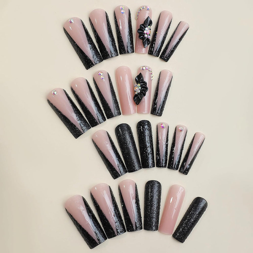 Press on Nails - Long Square Glue on Nails with Black French Tip, Acrylic Flower Rhinestone Design 24 Pcs
