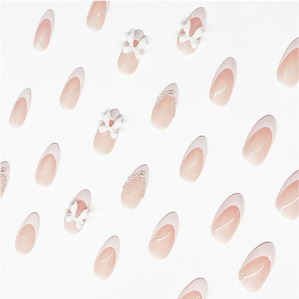 24Pcs Almond Shaped Artificial Nails - French Tips with Cute Bow Charms Design - Nude Pink Acrylic Nails for Women & Girls