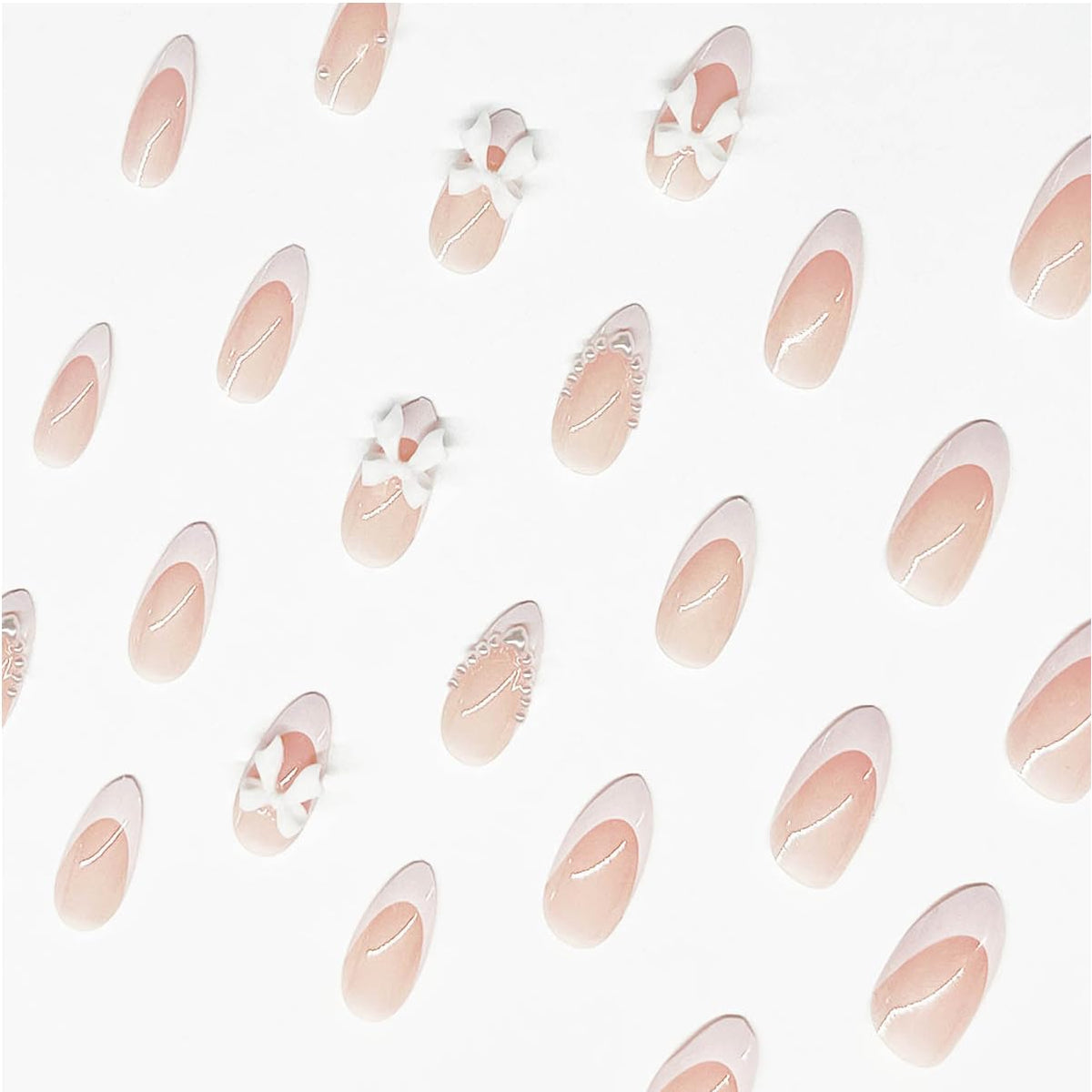 24Pcs Almond Shaped Artificial Nails - French Tips with Cute Bow Charms Design - Nude Pink Acrylic Nails for Women & Girls