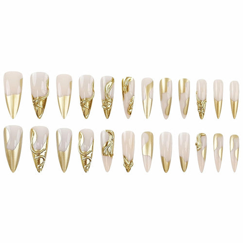 “Long Stiletto 3D Gold Chrome Press-On Nails – 24 Pieces”