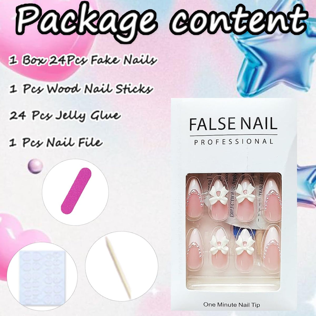 24Pcs Almond Shaped Artificial Nails - French Tips with Cute Bow Charms Design - Nude Pink Acrylic Nails for Women & Girls