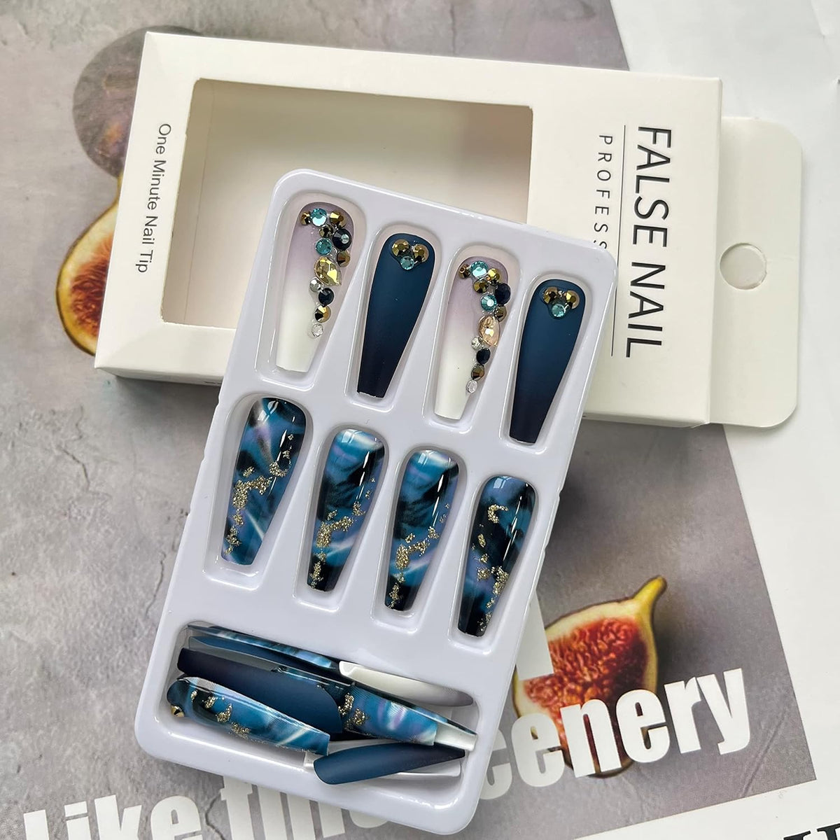 Long Stiletto Navy Blue Marble Press-On Nails – 24 Pieces