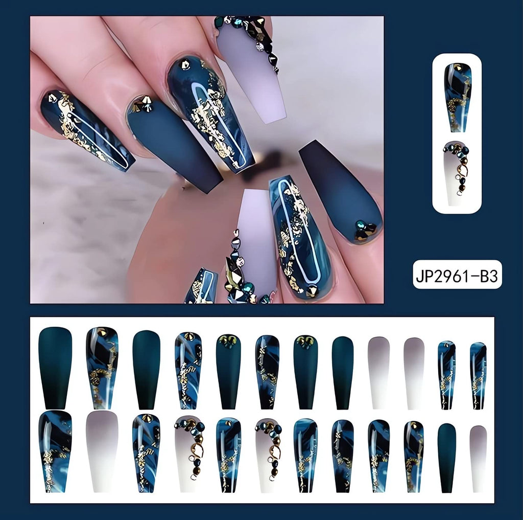 Long Stiletto Navy Blue Marble Press-On Nails – 24 Pieces