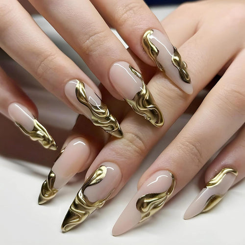 “Long Stiletto 3D Gold Chrome Press-On Nails – 24 Pieces”