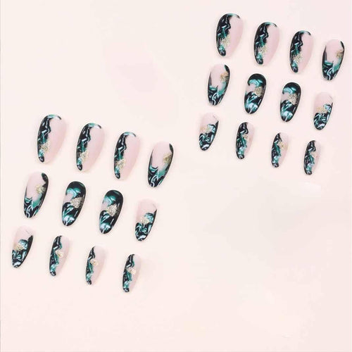 LuxeBelle Beauty Almond Press-On Nails – Black & Nude Marble with Gold Accents