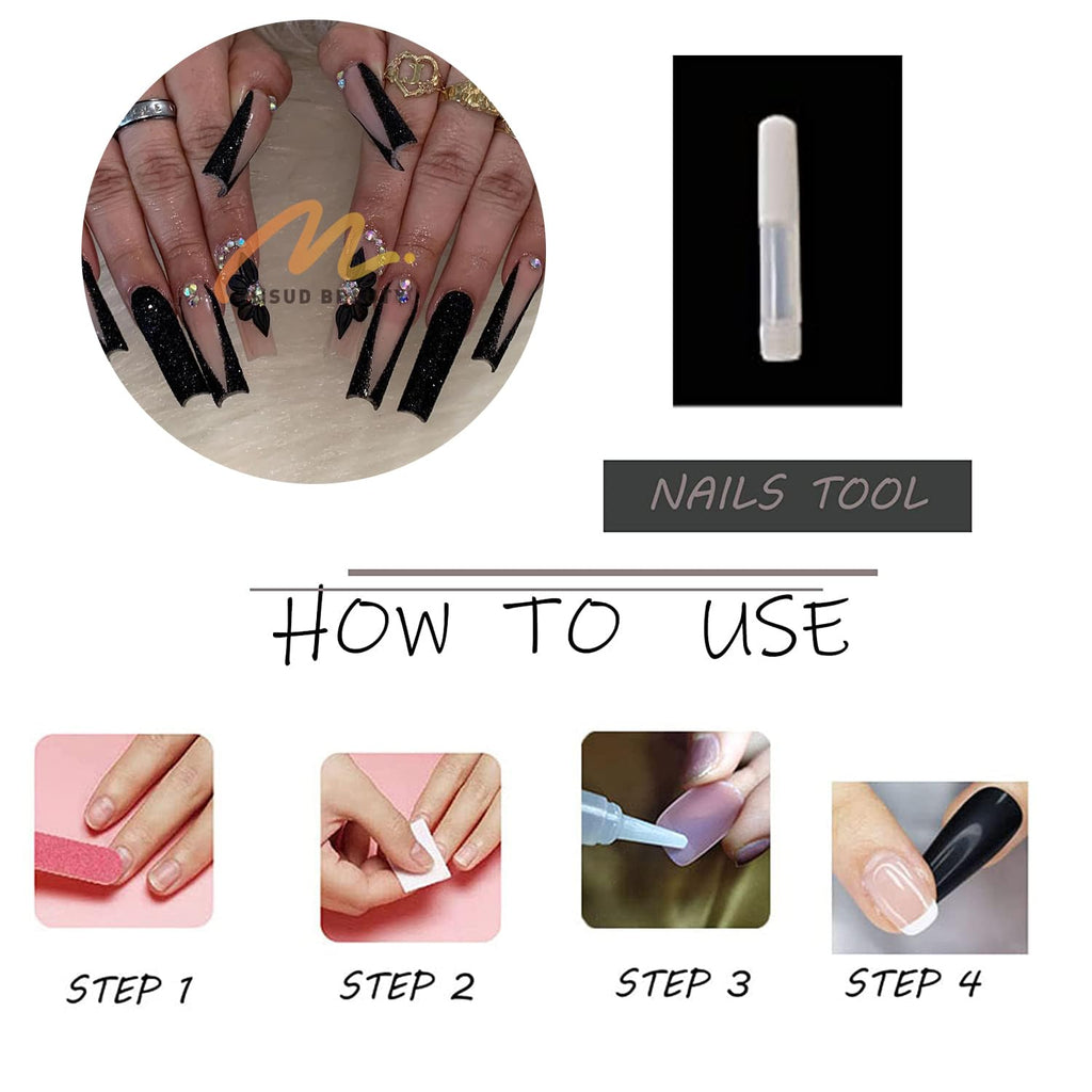 Press on Nails - Long Square Glue on Nails with Black French Tip, Acrylic Flower Rhinestone Design 24 Pcs
