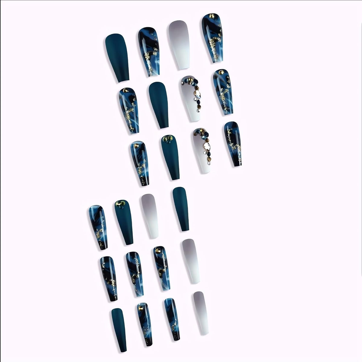 Long Stiletto Navy Blue Marble Press-On Nails – 24 Pieces