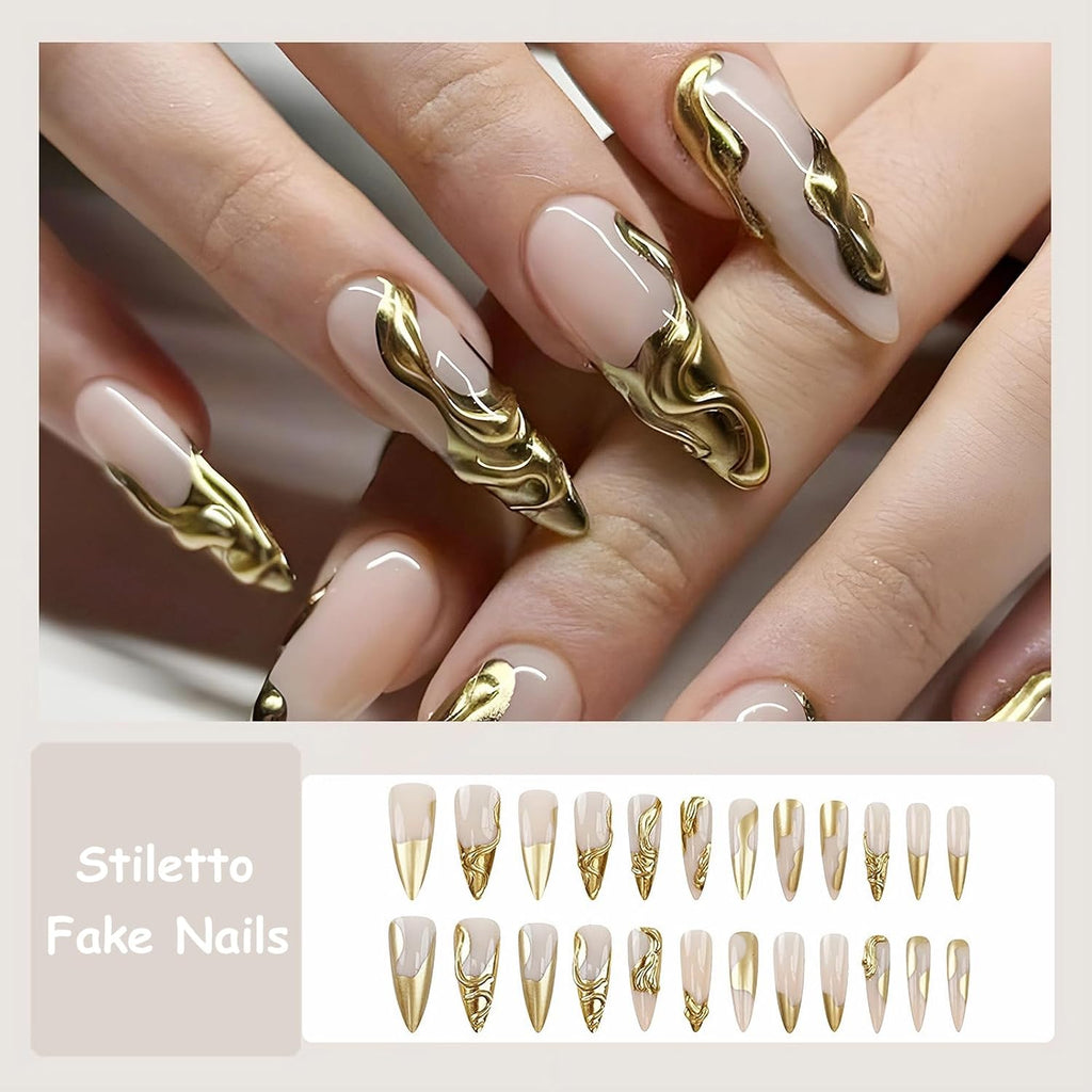 “Long Stiletto 3D Gold Chrome Press-On Nails – 24 Pieces”