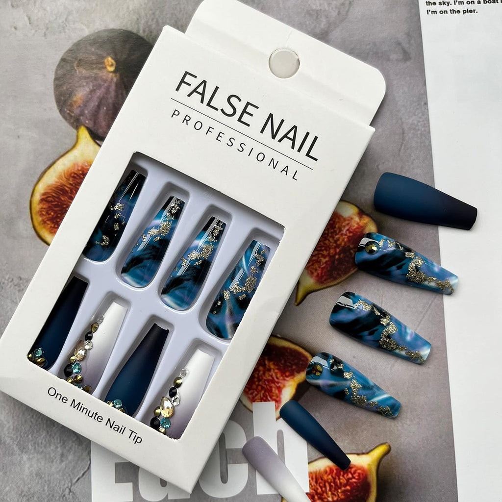 Long Stiletto Navy Blue Marble Press-On Nails – 24 Pieces
