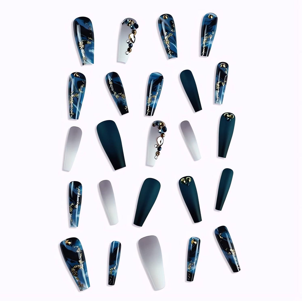 Long Stiletto Navy Blue Marble Press-On Nails – 24 Pieces