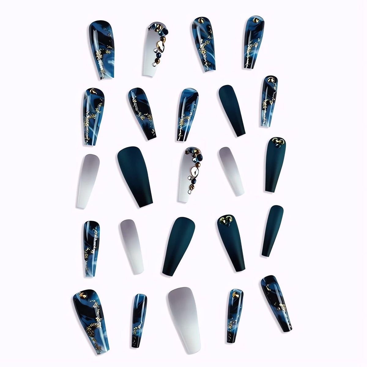 Long Stiletto Navy Blue Marble Press-On Nails – 24 Pieces