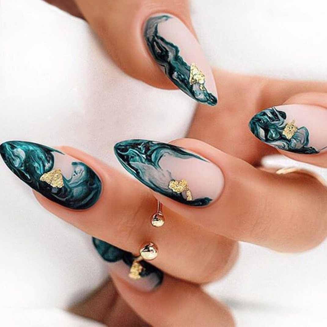 LuxeBelle Beauty Almond Press-On Nails – Black & Nude Marble with Gold Accents