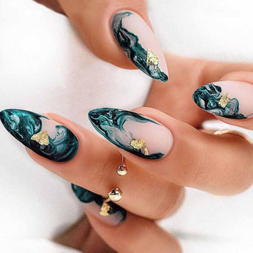 LuxeBelle Beauty Almond Press-On Nails – Black & Nude Marble with Gold Accents